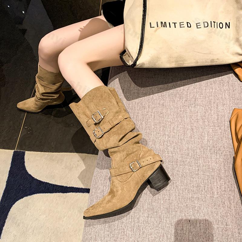 Fashion Pointed Toe Women High Boots Designer Fashion Shoes High Heels Chunky Elegant Shoes 2025 Autumn Trend Women’s Motorcycle Botas