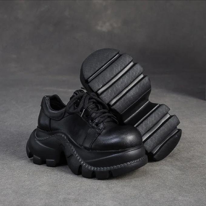 Johnature Plateauschuhe im britischen Stil, Pendlerhöhe, höhenerhöhend, echtes Leder, Schnürschuhe, Damenschuhe