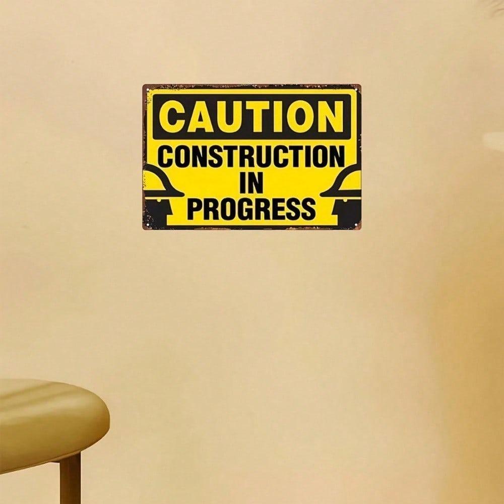 1pc Vintage Iron Construction Warning Sign 8x12in Rustic Metal Wall Decor Hard Hat Icon In Progress Farmhouse