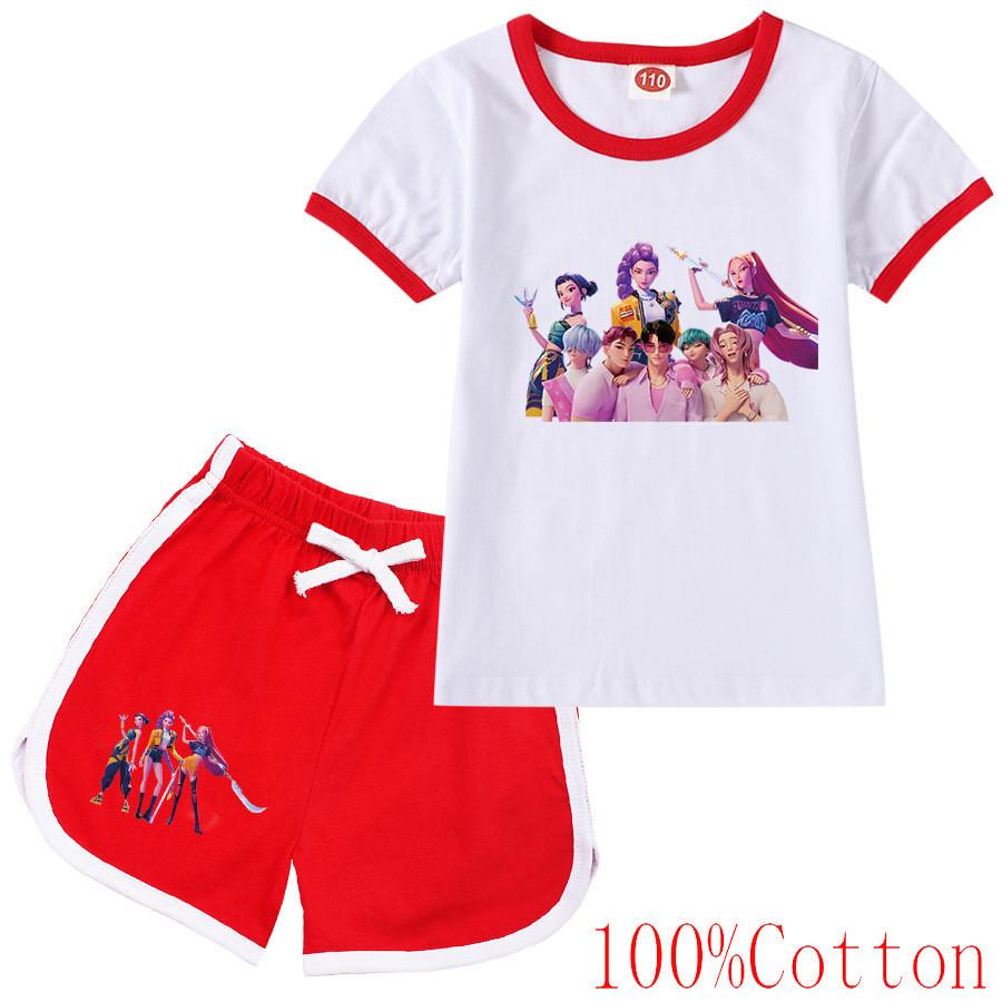 Kinder Mädchen Anime Cartoon K-Pop Rumi Zoey Mira Bedrucktes Lässiges Kurzarm T-Shirt Shorts Kleidung Set