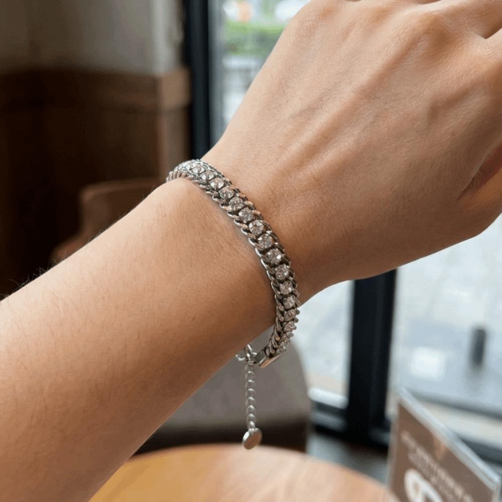 Stainless Steel Iced Out Chain Bracelet Gold Color Shiny Rhinestone Bangle  Women Men