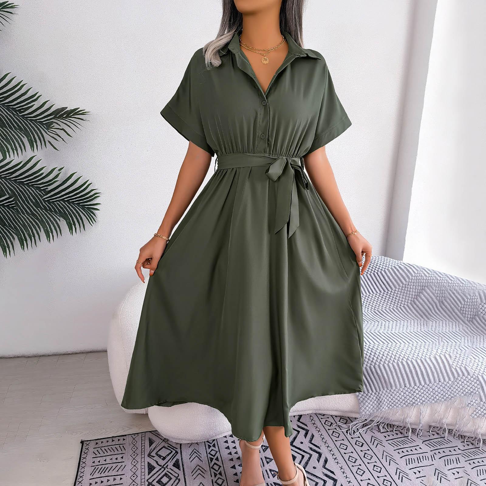 Women s Fashion Casual Loose Color Tie Shirt Dress Long Skirt L