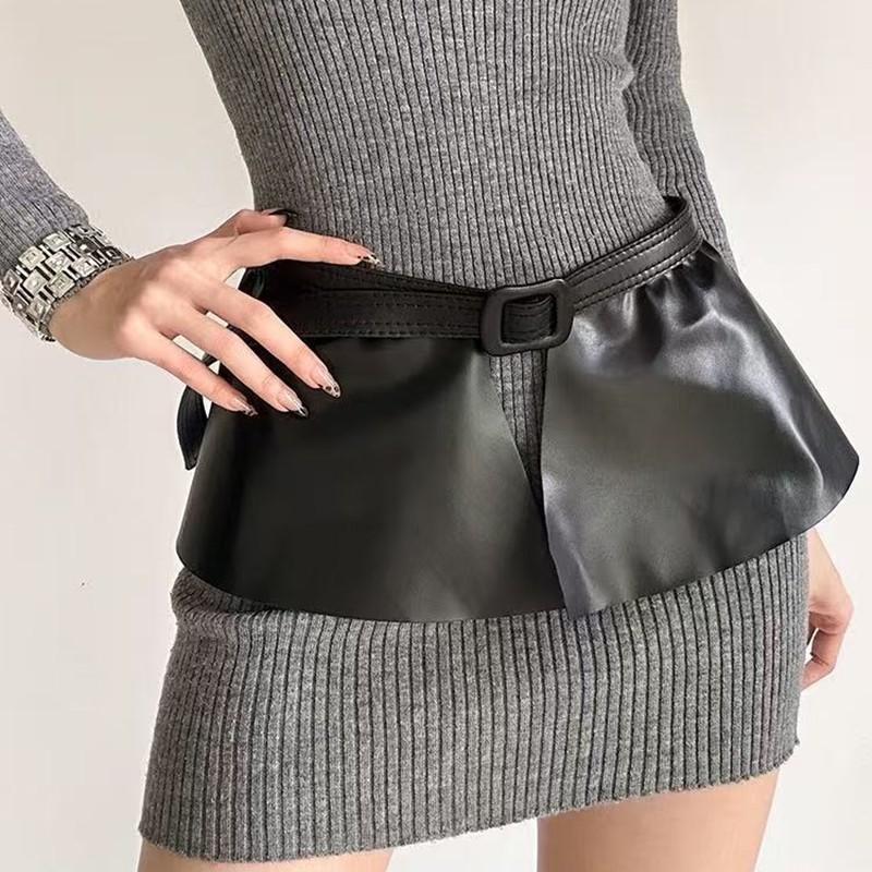 Wide PU Leather Belt Women With Ruffled Hem Dress Waist Cincher Metal Buckle Chic Streetwear Accessory