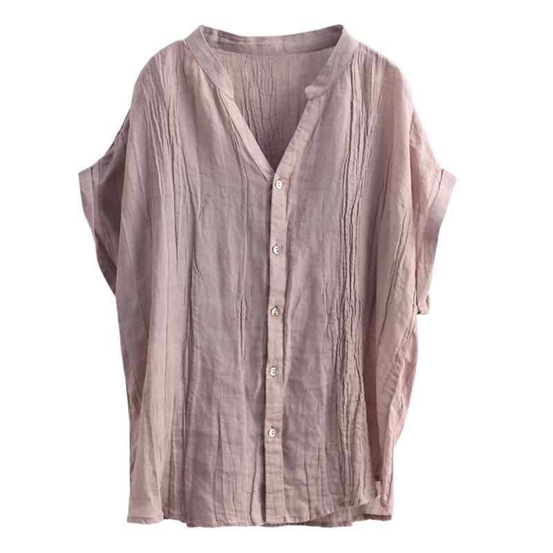 Sommer Retro Plissee Blusen & Hemden Kurzarm Damen Shirt V-Ausschnitt Strickjacke