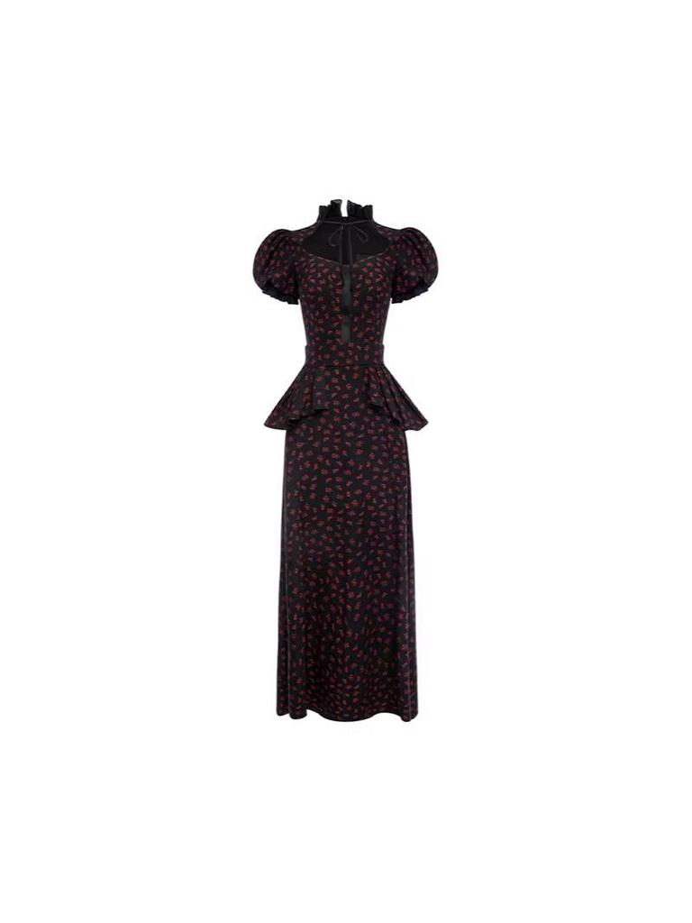 Autumn 2026 Women's Puff Sleeve Polka Dot Slim Fit Long Dress with Detachable Hem