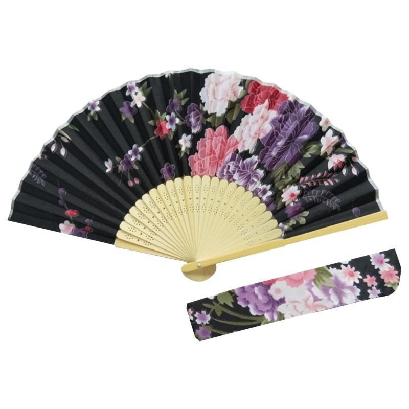 Vintage Folding Hand Fan with Bag Bamboo Fabric Fans for Women Dance Gift Music Festival Performances Wedding Decoration