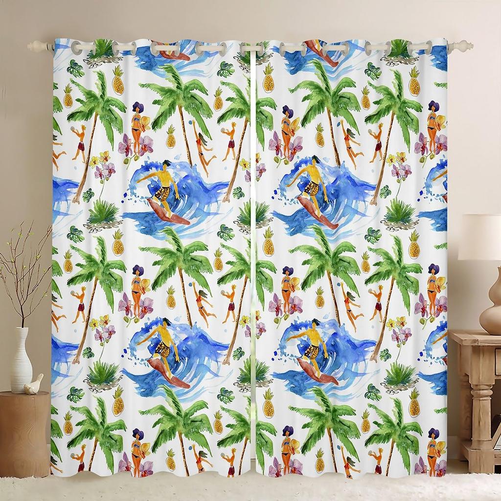 Tropical Coconut Tree Curtain Hawaii Landscape Printed Blackout Curtains Kitchen Living Room Bedroom Windows Drapes 2 Panel Set