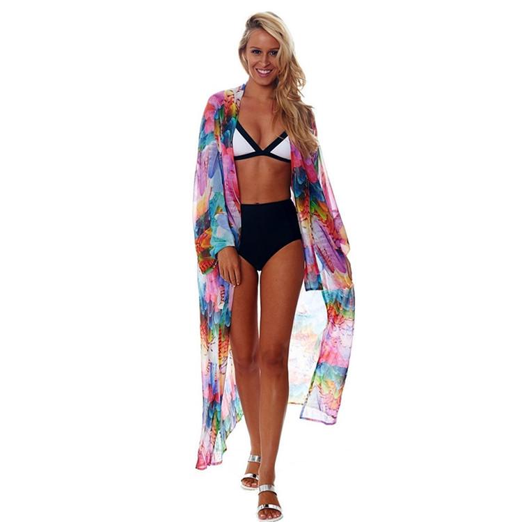 Chiffon Feather Print Beach Cover-up Cardigan