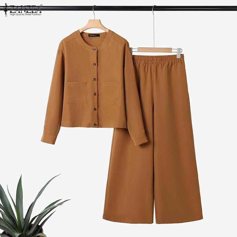 ZANZEA Bluză și pantaloni cu mânecă lungă pentru femei Seturi de costume casual din două piese