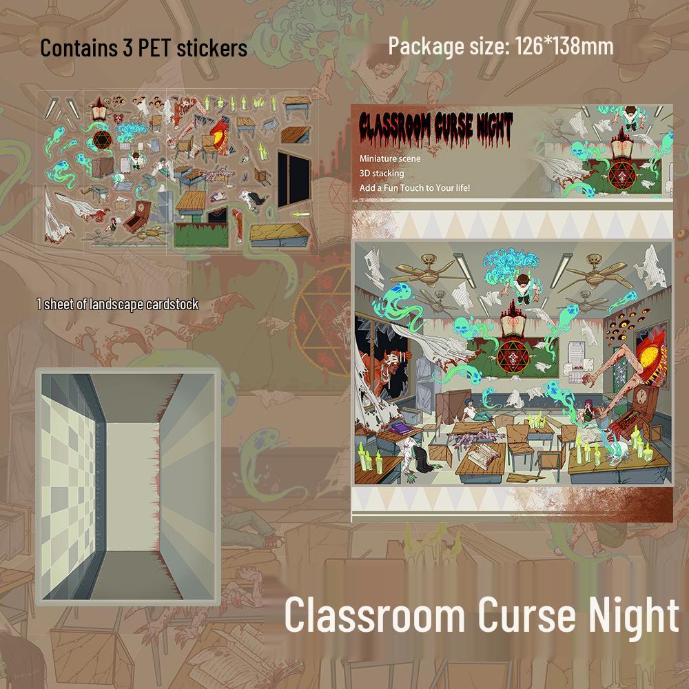 PET Classroom Curse Night Scenery Miniature Stickers - 3 Sheets for DIY, Journals, and Collages