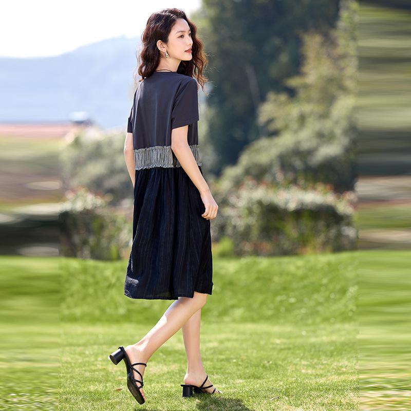 

Летнее облегающее женское повседневное платье миди с короткими рукавами, 2025, цветной блок L (Recommended for 115-130 lbs)