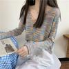 Sweater Rainbow Dye Striped Cropped Short Sweater Long Sleeve Knit V-Neck Loose Top Pullover Knit