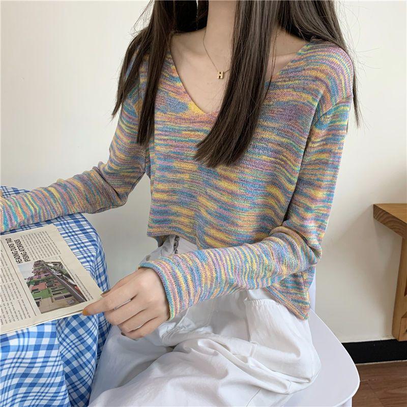 Sweater Rainbow Dye Striped Cropped Short Sweater Long Sleeve Knit V-Neck Loose Top Pullover Knit