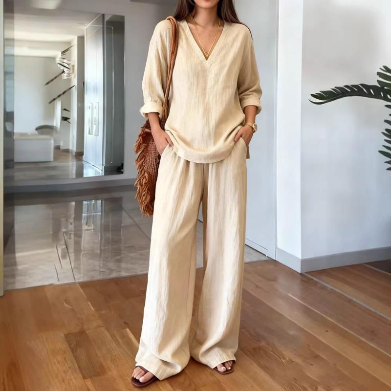 Women's Linen 2 Piece Outfit V Neck Blouse Wide Leg Pants Set