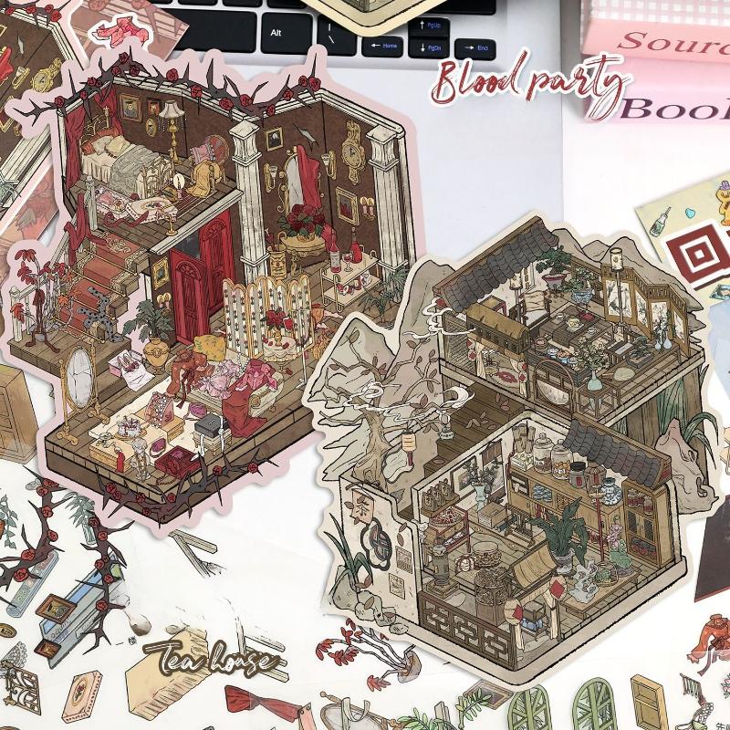 3D Miniature House Sticker Sheet Vintage Diorama Scenery Decals for Journaling Retro Room Landscape Stickers for Scrapbooking