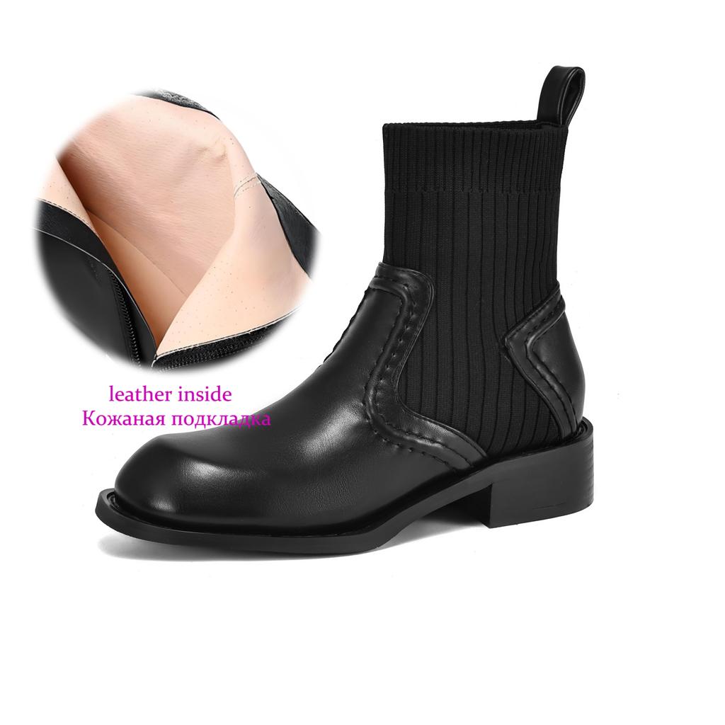 Krazing Pot Microfiber Autumn Winter Shoes Thick Med Heels Size 43 Chelsea Boots Back Knitwear Beauty Lady Stretch Ankle Boots