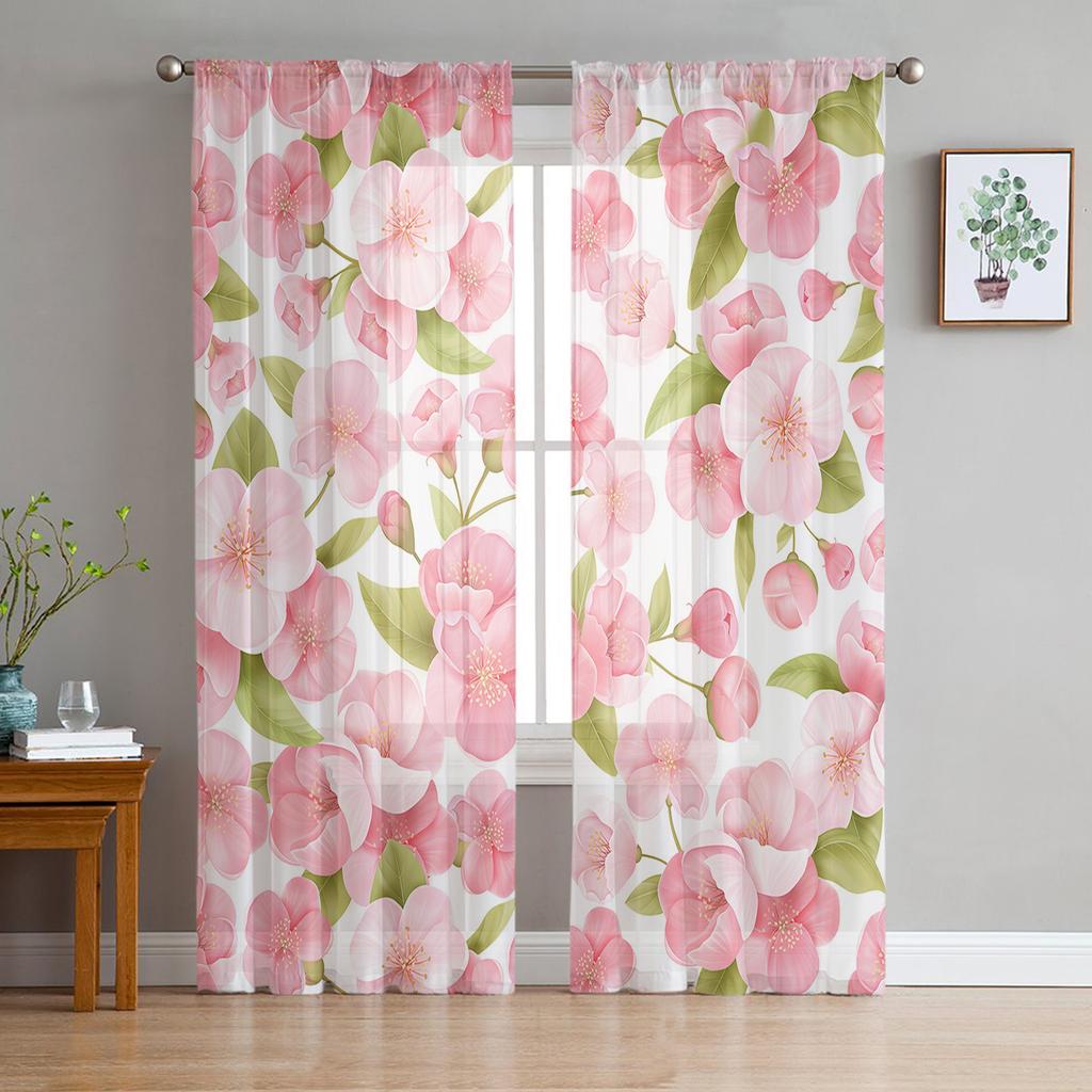 Japanese Pink Flower Cherry Blossom White Sheer Drapes for Living Room Bedroom Decor Window Curtain Curtain Panels
