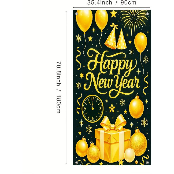 IVN 71x35 Inch Happy New Year 2026 Banner Door Cover New Years Eve Party Backdrop Black Gold Balloons Gift Box Polyester Fabric Front Door Porch