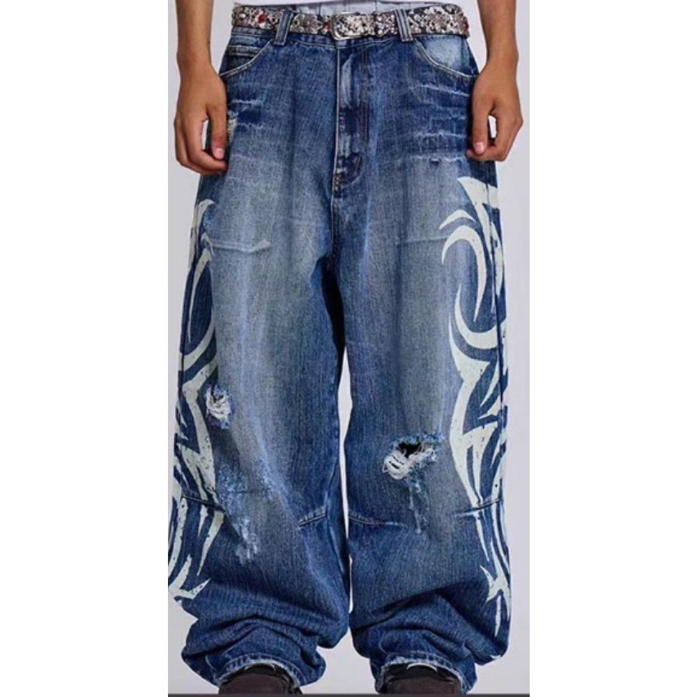 Y2K American Vintage Mottled Totem Print Baggy Jeans Women's High Waist Wide Leg Jeans Women's Harajuku Trendy Hip-hop Jeans