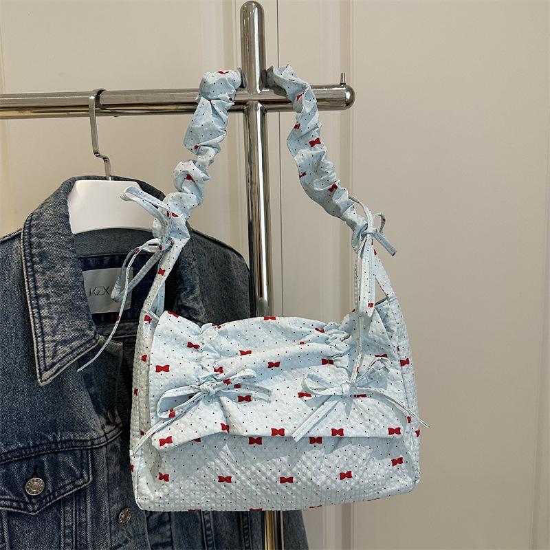 

Summer broken flower canvas bag women s 2025 new sweet bow pleated underarm bag shoulder tote bag синій