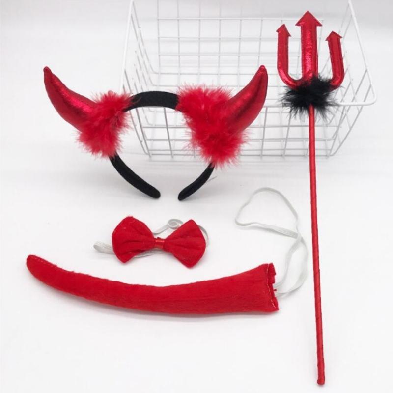 Halloween Devil Costume Kits Including Horn Headband Bowtie Tail Demons Dress Up Outfit Halloween Cosplays Party Props