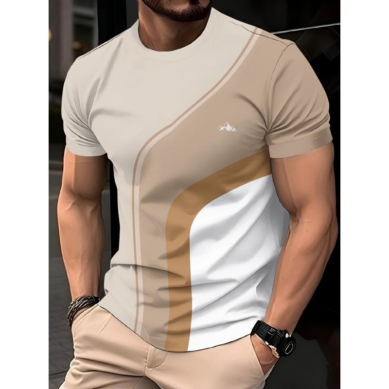 Men s Simple Fashion Casual Printed Round Neck Beige T-Shirt for Men S