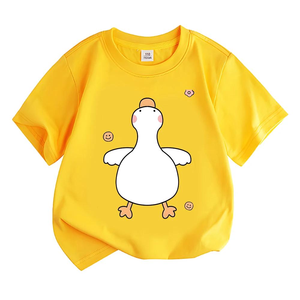 Cute Blush White Duck With Small Smile Face Pattern Graphic Print Kids Short Sleeve Tee Cartoon Animal Crew Neck Casual Daily To