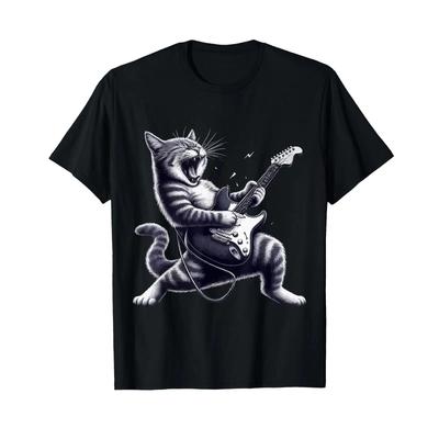 Funny Rock Cat Electric Guitar Music Animal T Shirt Vintage Comfortable Unisex Designer Clothes Graphic Stretched