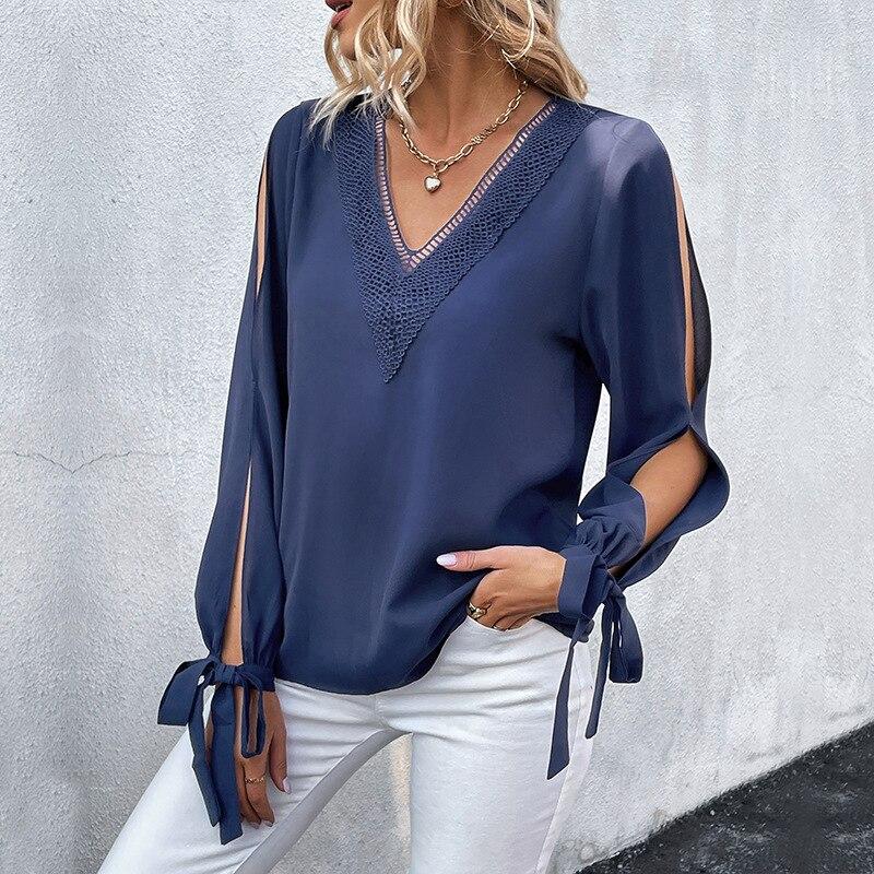 Spitze V-ausschnitt Langarm Frauen Hemd Herbst 2023 Solide Hohl Elegante Blusen Frauen Casual Blusas Tops Fashoin Clohitng 27965