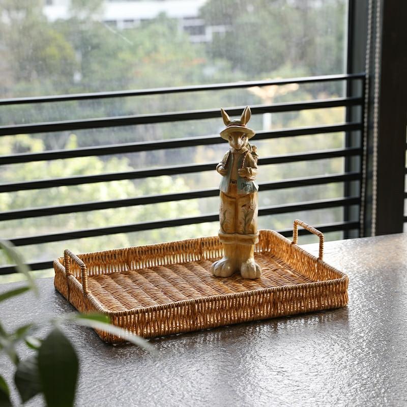 Plastic Storage Tray With Handle Imitation Rattan Weaving Basket Sundries Plate Fruit Platter Tea Tray Dinner Serving Tray