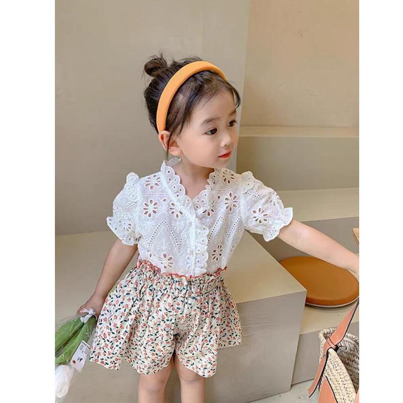 Girls French Pastoral Lace Vest And Bud Shorts Set Summer Sweet Elastic Waist Two Piece Outfit 80