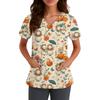 Women V Neck Short Sleeve Scrub Top with Pockets Halloween Themed Printed Work Uniform for Nurses and Caregivers