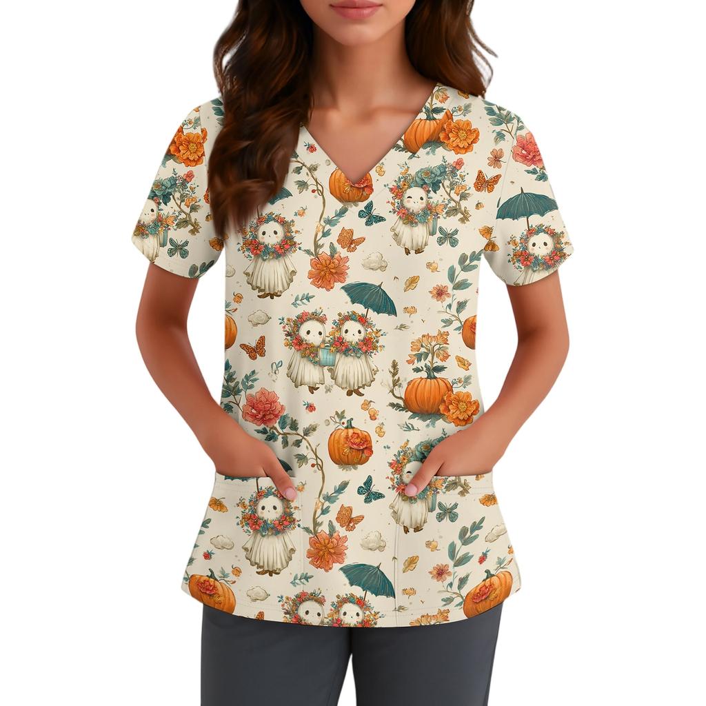 Women V Neck Short Sleeve Scrub Top with Pockets Halloween Themed Printed Work Uniform for Nurses and Caregivers