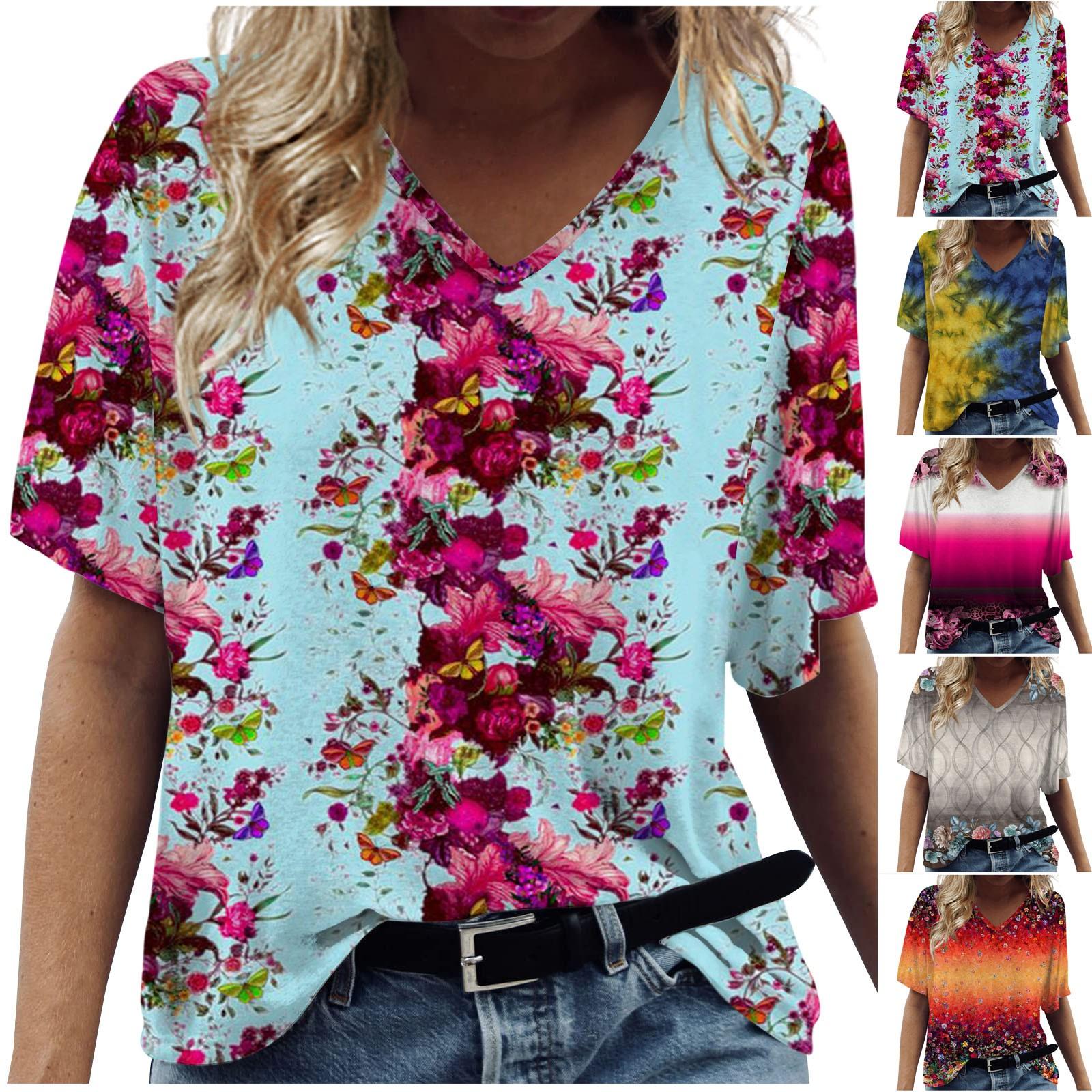 

Женский модный и универсальный топ с короткими рукавами и v-образным вырезом с усовершенствованным принтом