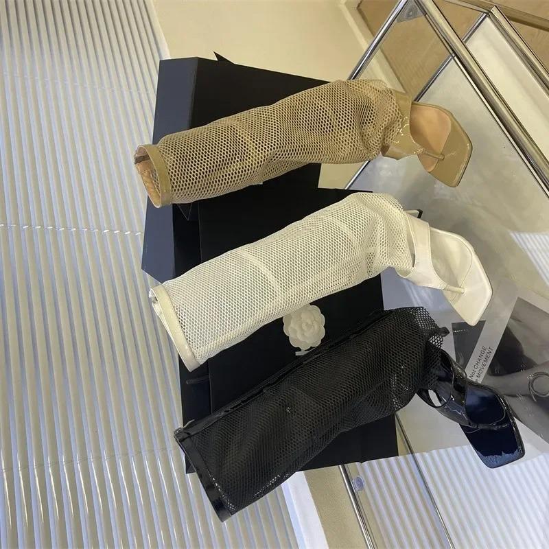 Fashion Spring Autumn New Women's Mesh Breathable Pants Boots Versatile Thick Bottom Hollow Mesh Long Tube Clip