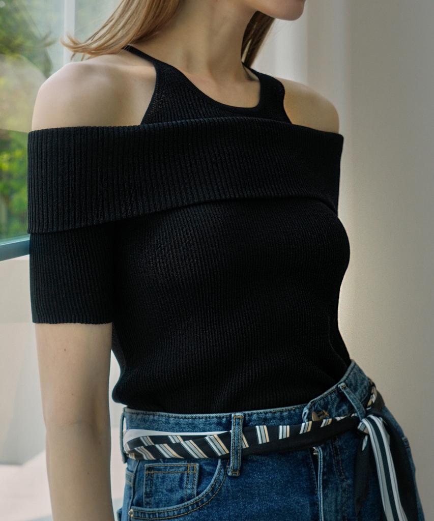 VLETI Viscose Strap-Detail Off-Shoulder Ribbed Knit (Black)
