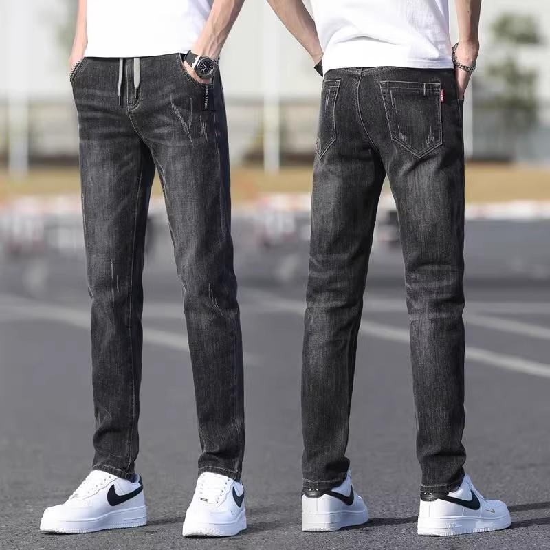 Men's Slim Straight Jeans Elastic Waist Drawstring Trendy Skinny Pants Stretchy Fashionable Durable Long Pants
