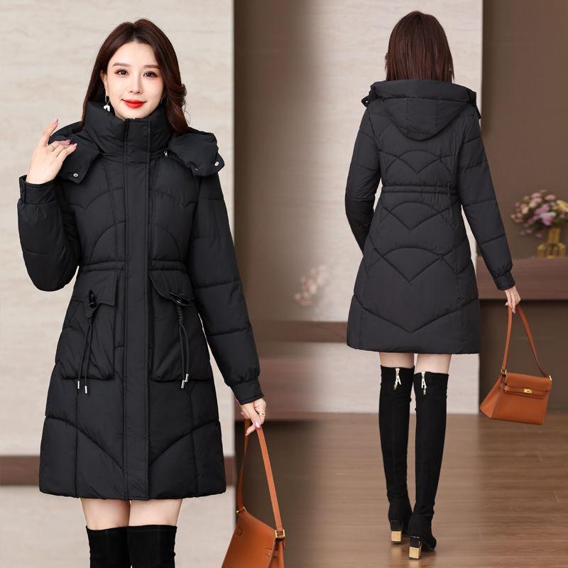 Winter Women Medium To Long Cotton Jacket Thickened Warm Casual Stand Collar Hooded Parker Coat Solid Color Warm Cotton Jacket