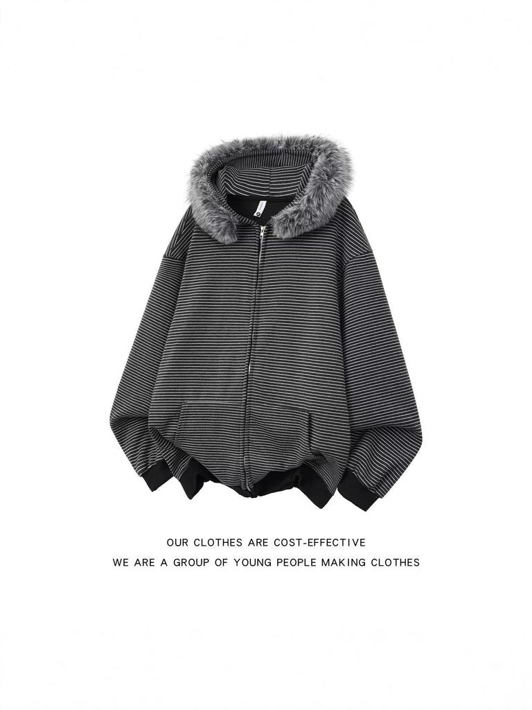 Retro Striped Hoodie Cardigan & Straight-Leg Sweatpants Set – Trendy Unisex Spring Sportswear