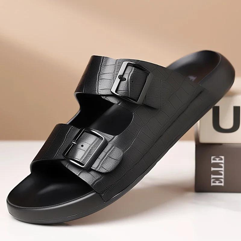 Fashion Summer Brand Sandals Open-toe Mens Leather Double Button Slippers Classic Half Shoes Outdoor Beach Rubber Flip Flops Trekking