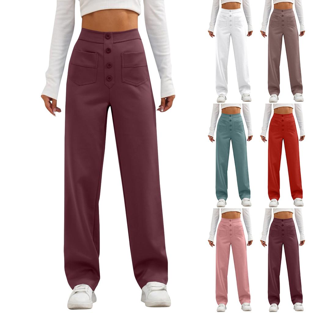 Women's Casual Straight Leg Pants With High Waist Button Elastic Business Work Pants With Multiple Pockets