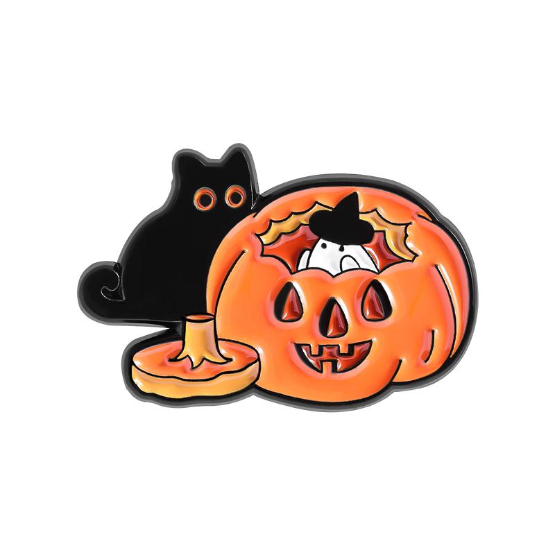 White Ghost With Cat Enamel Pins Spooky Pumpkin Skull Boo Kitten Halloween Brooches Lapel Badge Jewelry Gifts for Friends