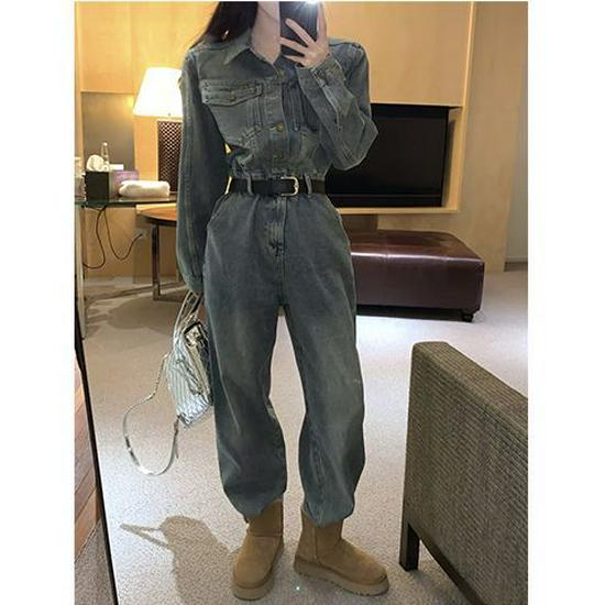 Women's Spring 2026 Hong Kong Retro Denim Jumpsuit - Casual Workwear Style
