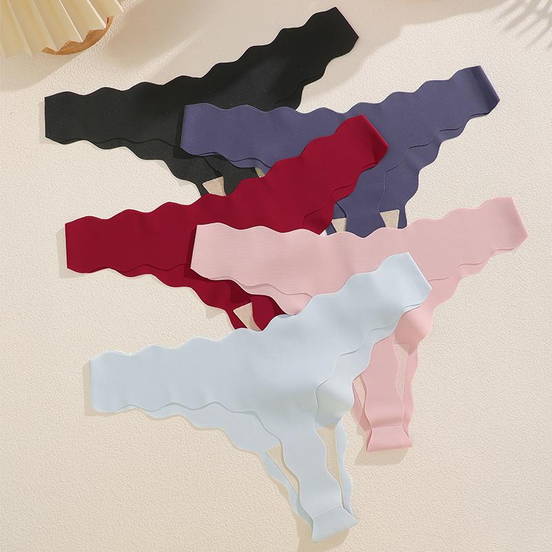 FINETOO 5Pcs/Set Women's Seamless Thong Underwear Wavy Edge No Show Soft Stretch Low Rise Invisible Panties for Daily Wear