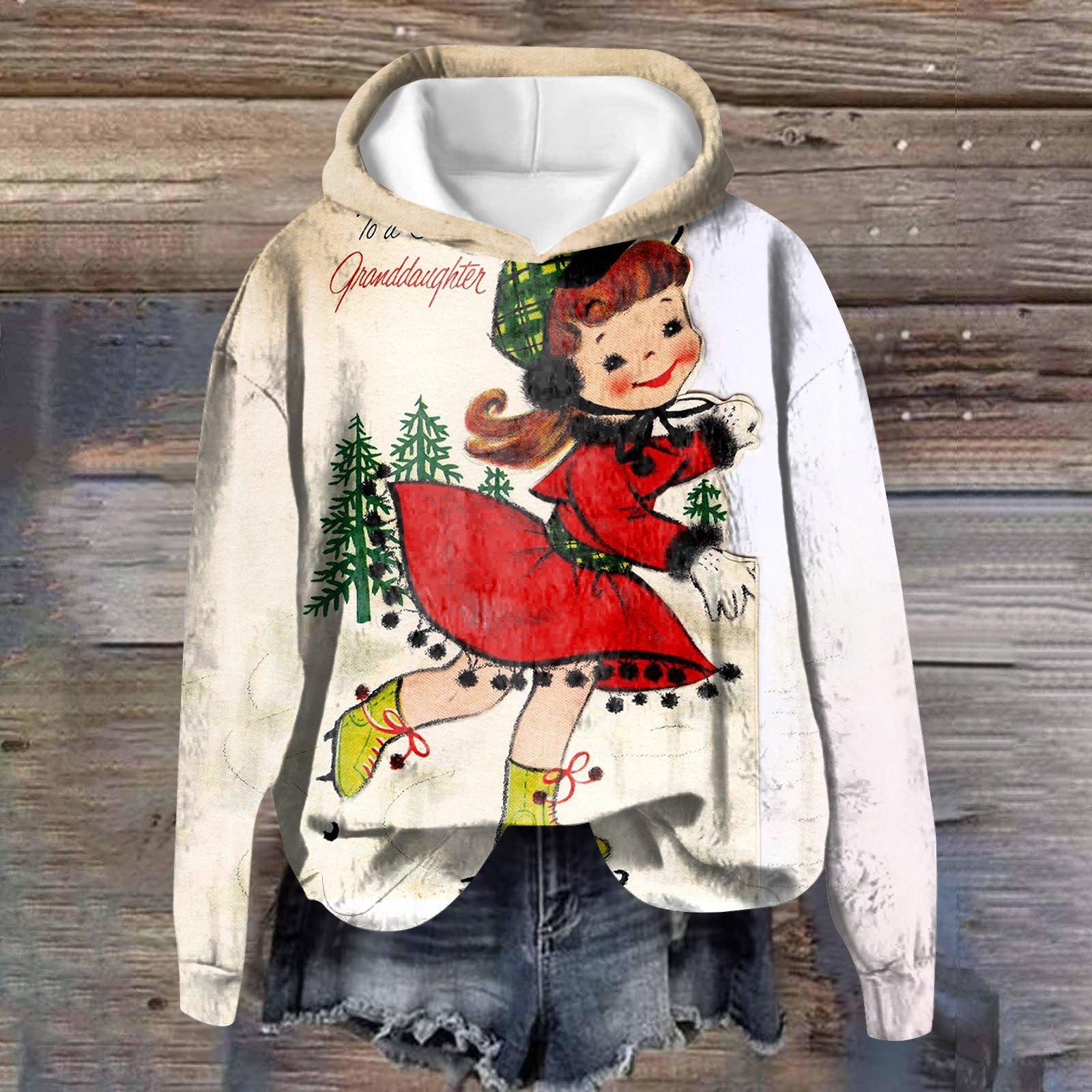 

Женская повседневная мода рождественский принт длинный рукав O-образный вырез пуловер толстовки L