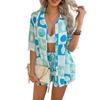 1116 new summer European and American style contrasting colors 1D printing casual women's short-sleeved shirt shorts set vacation beach wear