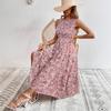 Women Bohemian Holiday Style Summer Sleeveless Stand Collar Floral Printed One Piece Dress