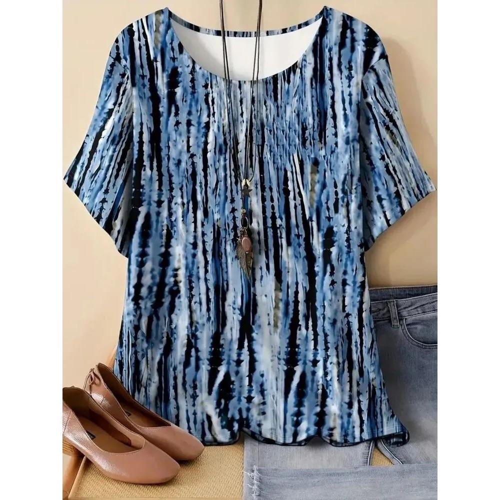 Women's Fashionable Breathable Round Neck Striped Grid Short Sleeved T-shirt Comfortable Soft Breathable Loose Summer Plus Size T-shirt