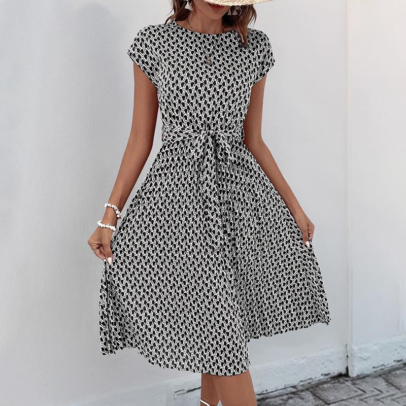 Summer Short-sleeved Lace-up Pleated Dress Amazon Temu Hot Sale Fashionable Women's Clothing Elegant Temperament Simple Skirt