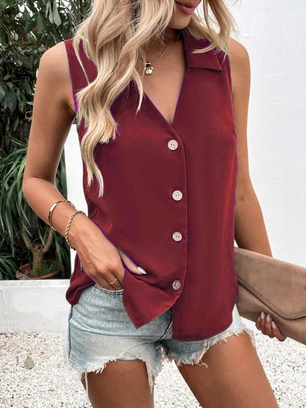 Summer new women's clothing, solid color V-neck loose chiffon shirt, sleeveless button-down vest shirt women's